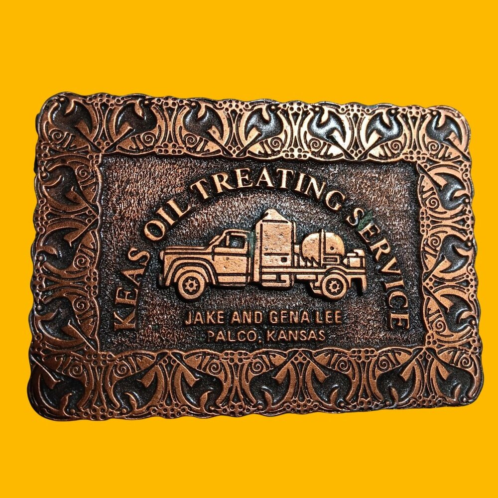 Vintage Belt Buckle Keas Oil Treating Service Copper Collectible Western USA